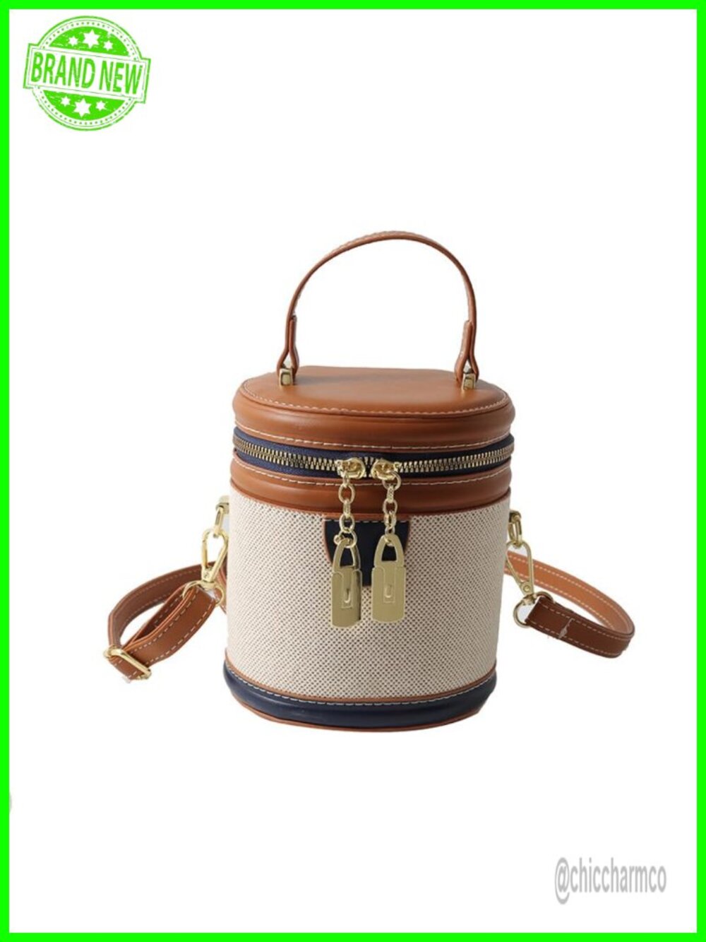 Canvas PU Leather Bucket Bag Round Crossbody Shoulder Handbag